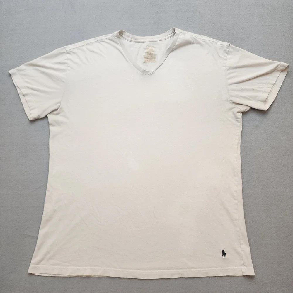 Polo Ralph Lauren Distressed V-Neck T-Shirt Mens XL Cream Off White Short Sleeve